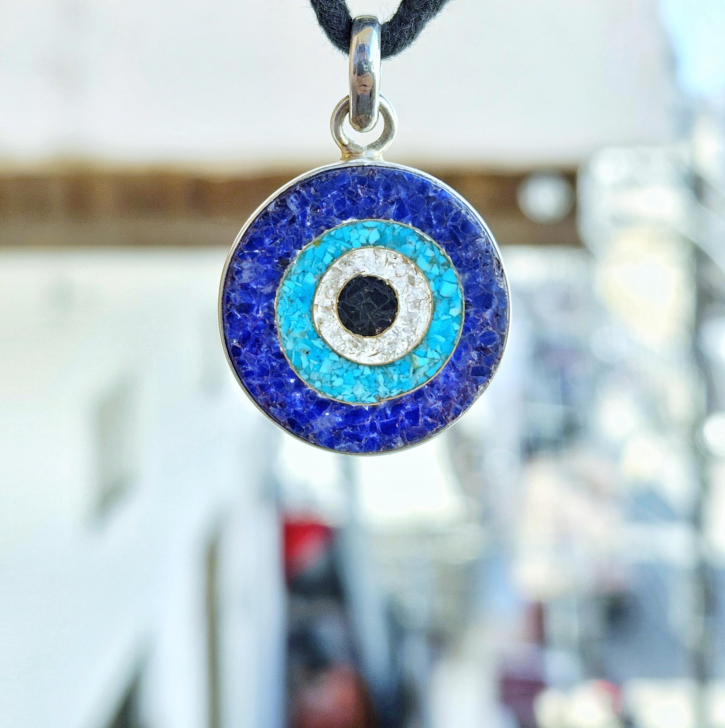 Evil Eye Pendant – Brass Silver Plated Turquoise Lapis Crystal