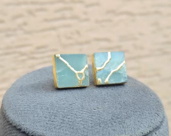 Kintsugi Art Aquamarine Earrings : 22k Gold Plated Brass, Wabi-Sabi Gemstone Jewelry Gift For Her