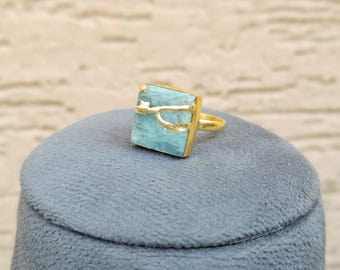 Kintsugi Aquamarine Ring: 22k Gold Plated Brass, Art Deco Statement Jewelry
