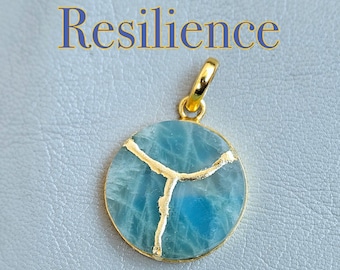 Kintsugi Aquamarine Necklace 25 mm: 22k Gold-Plated, Handmade Jewelry
