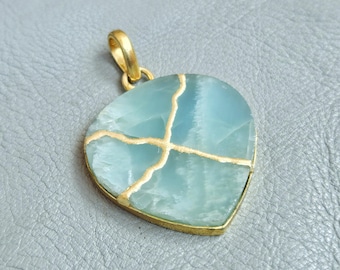 Kintsugi Aquamarine Heart Necklace, 22k Gold Plated Brass Pendant, Wabi-Sabi Jewelry