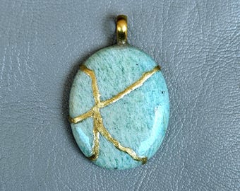 Amazonite NECKLACE KINTSUGI Art Gold 24k Engraved Necklace Gift For Her Gold Necklace