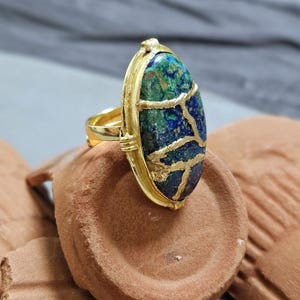 Kintsugi Azurite Ring: 22k Gold-Plated Japanese Art Jewelry
