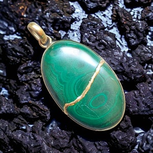 Kintsugi Malachite Necklace: 22k Gold-Plated Japanese Art Jewelry