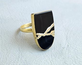 Kintsugi Black Onyx Ring: 22k Gold Plated Statement Jewelry, Wabi-Sabi Art
