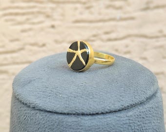 Kintsugi Art Ring with Black Onyx, 22k Gold Plated, Wabi Sabi Japanese Jewelry