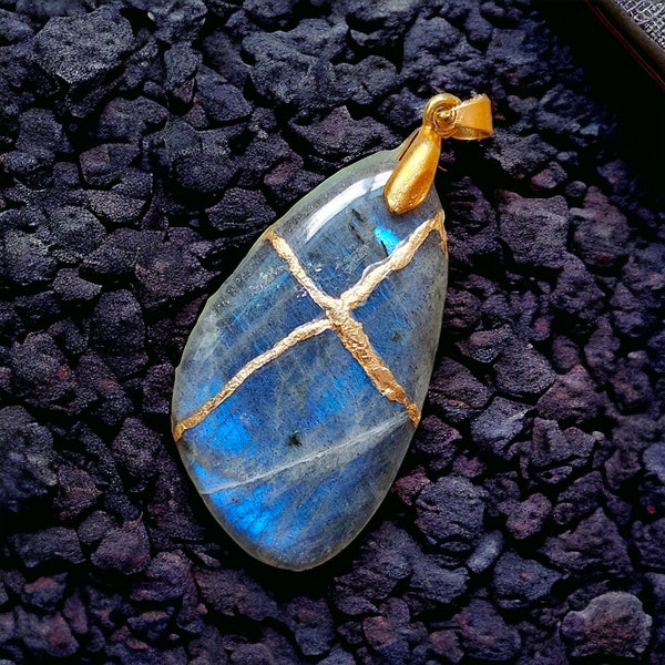 Designer Gemstone Pendant Remade Kintsugi Necklace Labradorite With Handmade Cabochon Jewelry Repaired By Art Of Japanese Gift For Her