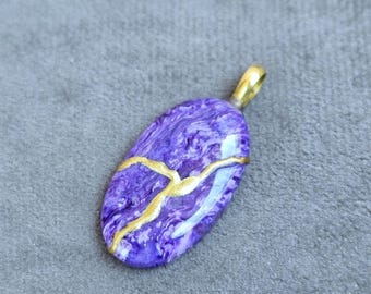 Kintsugi Charoite Pendant Necklace: 22k Gold Plated Wabi Sabi Statement Jewelry