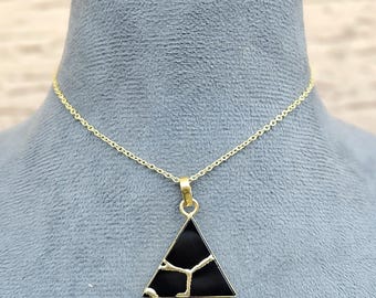 Kintsugi Black Onyx Necklace: 22k Gold Plated Statement Pendant, Wabi-Sabi Jewelry