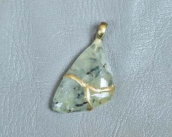 Green Rutile Quartz Pendant Necklace Kintsugi Art, 22k Gold-Plated