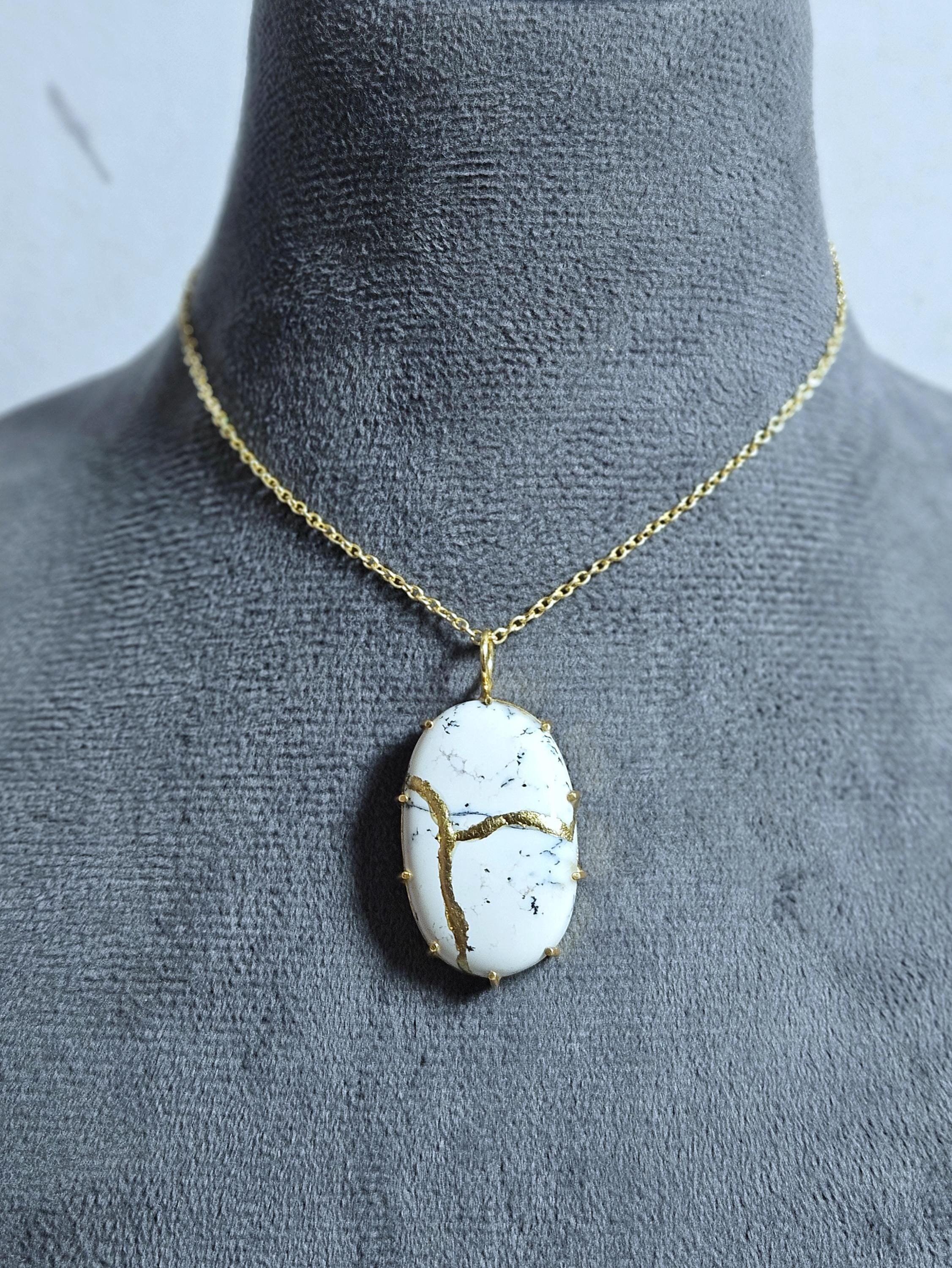 WABI SABI ART Japanese Art  Kintsugi Necklace Dendrite Agate Handmade Jewelry Initial Necklace Dainty Necklace Gift For Her Crystal Necklace