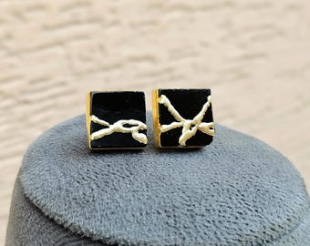 Kintsugi Black Onyx Earrings : 22k Gold Plated Brass, Wabi-Sabi Gemstone Jewelry