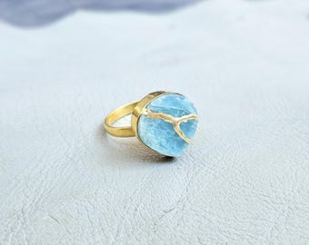 Aquamarine Kintsugi Ring, Gold Plated Brass, Handmade Statement Jewelry
