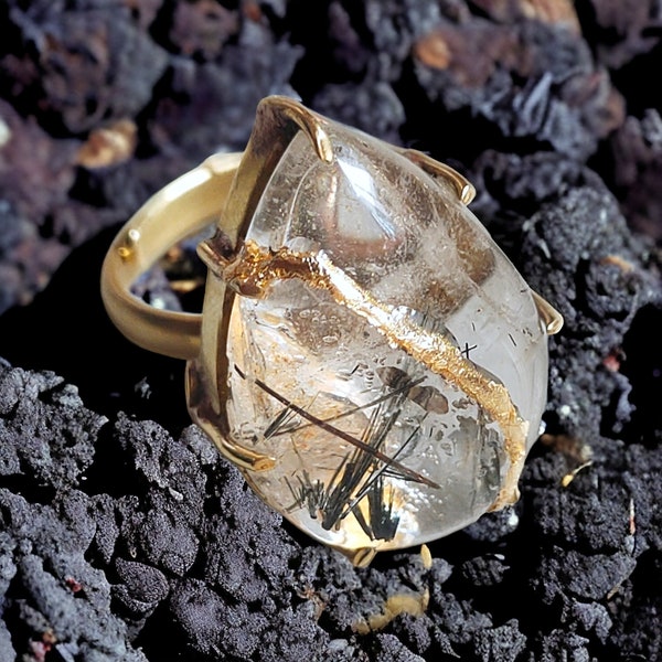 Bague en quartz rutile pour le yoga et la guérison - Bijoux de prospérité réglables en pierres précieuses, Kintsugi réparé