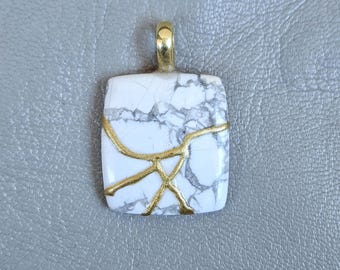 KINTSUGI NECKLACE JASPER Howlite 22k Gold Engraved Necklace Wabi Sabi Art Handmade Jewelry