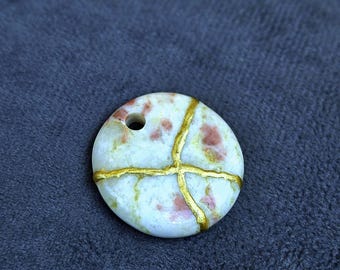 Kintsugi Cinnabar Quartz Necklace: 22k Gold Plated Statement Pendant