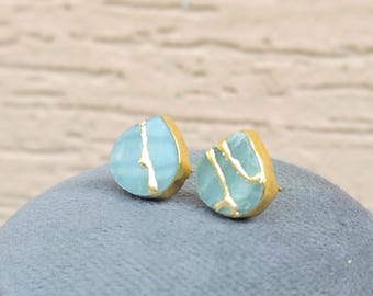 Kintsugi Art Aquamarine Heart Earrings: 22k Gold Plated Brass Statement Jewelry