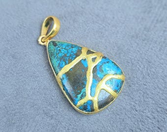 AZURITE KINTSUGI NECKLACE Japanese Jewelry Handmade Engraved Necklace Art Wabi Sabi Birthday Gift For Her