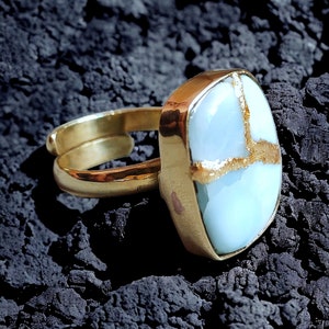 Larimar Stone Ring beautifully mended with kintsugi Japanese art,thank you gift, Christmas gift,gift for her,artistic jewelry,ring for women