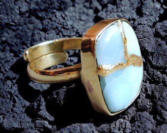 Larimar Stone Ring beautifully mended with kintsugi Japanese art,thank you gift, Christmas gift,gift for her,artistic jewelry,ring for women