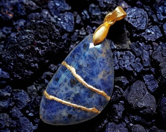 Stunning Sodalite Pendant with Kintsugi Japanese Artistry - Unique Necklace, Wabi Sabi Beauty - Perfect Gift for Her, Healing Pendant
