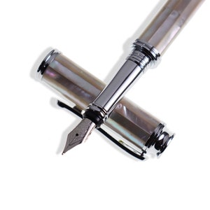 Marine White Mother of Pearl Fine Nib Fountain Pen, Shell Inlaid Pens, Chrome-plated Brass Silver, Handmade