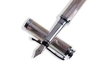 Caneta-tinteiro em madrepérola branca marinha, caneta tinteiro com ponta fina, canetas incrustadas em concha, prata em latão cromado, feita à mão