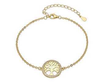 May include: Gold-toned bracelet featuring a circular pendant with a tree of life design. The pendant is encircled by small, clear stones. The bracelet has an adjustable chain and a lobster clasp closure. A delicate piece of jewelry.