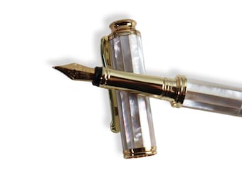 Marine White Mother of Pearl Fine Nib Fountain Pen, Shell Inlaid Gold Pens, Handmade