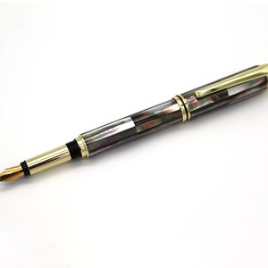 MOP Black Seashells Pen, 18k Gold Plated Oceanic Origin Mother of Pearl Handcrafted and Serialized Fine Nib Fountain Pen PEN-G006