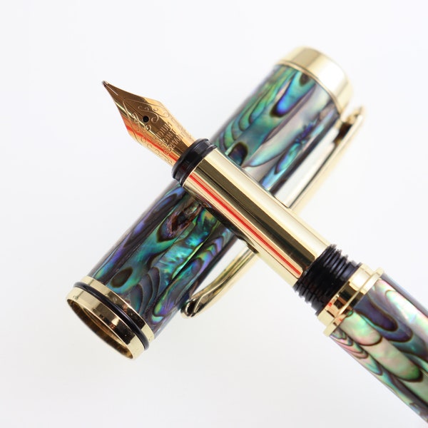 New Zealand Abalone Seashells Pen, 18k Gold Plated Oceanic Origin Mother of Pearl Handcrafted and Serialized Fine Nib Fountain Pen