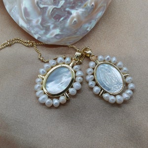 New Oval Mother of Pearl MOP Shell Medal Virgin Mary Pendants Charms for Jewelry Making Religious Necklace Gold Virgin Mary Charm PB009