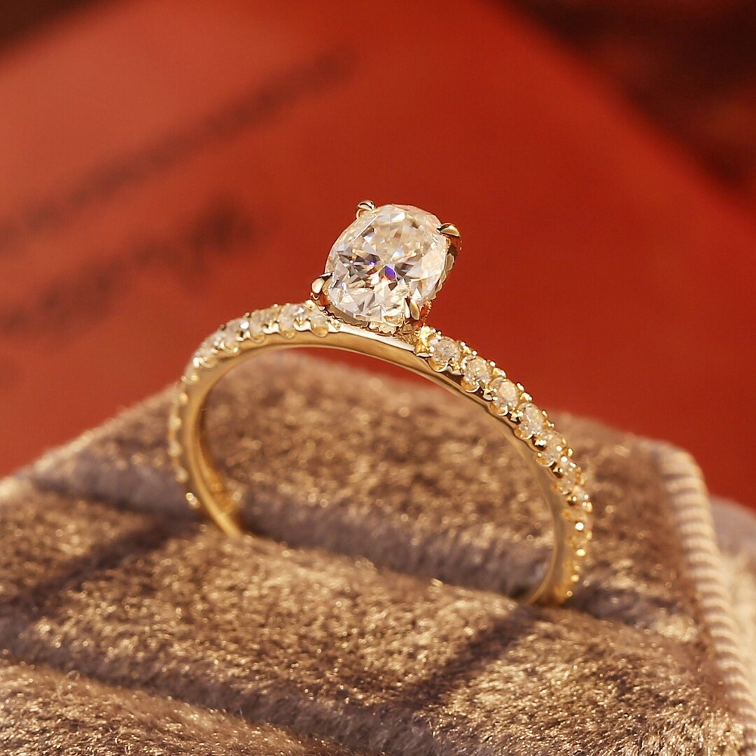 Prong Pave Oval Cut Moissanite Engagement Ring, Solid Gold Halfeternity Promise Ring, Flower