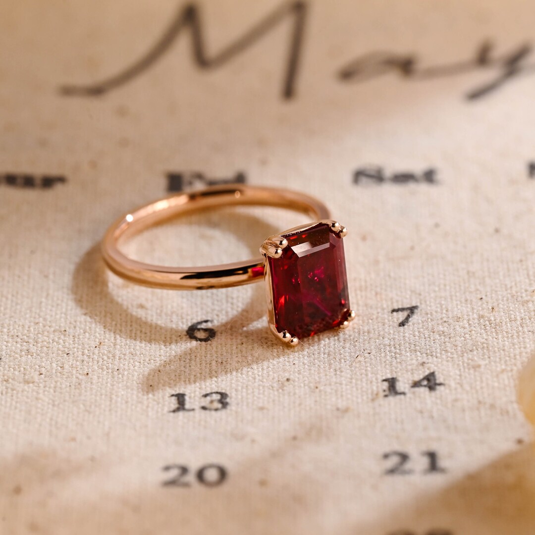 Lab Grown Ruby Emerald Engagement Ring, Solitaire Pigeon Blood Gemstone