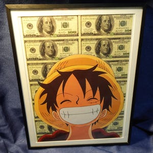One Piece Luffy US Dollar Notes DEATH NYC Original signé et numéroté (A/P ou limité à 100) encadré