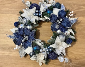 Hampton style blue white and silver Christmas wreath