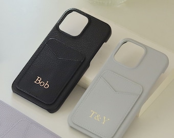 Card Holder Leather iPhone Case, Hot Stamping iPhone 15 14 13 12 11 Pro Max Case Cover, Personalized Gift