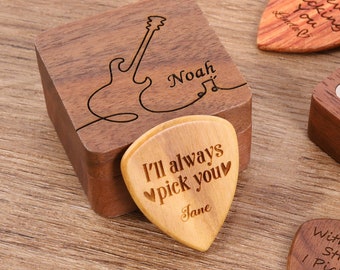 Lui Regalo di San Valentino Plettri per chitarra in legno con custodia, Porta plettri personalizzato, Scatola per plettri per musicisti, Idea regalo per l'anniversario del fidanzato