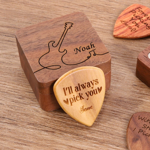 Him Valentines Gift Wood Guitar Picks with Case, Personalized Guitar Pick Holder, Musicians Plectrum Box, Boyfriend Anniversary Gift Idea