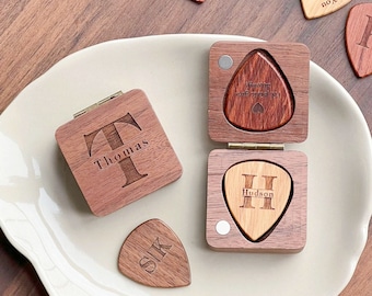 Custom Wooden Guitar Picks with Case, Personalized Guitar Pick Kit, Holder Box for Picks, Musicians Player, Valentines gift Boyfriend/Him