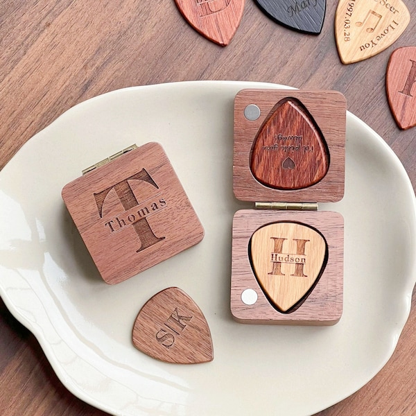 Custom Wooden Guitar Picks with Case, Personalized Guitar Pick Kit, Holder Box for Picks, Musicians Player, Valentines gift Boyfriend/Him