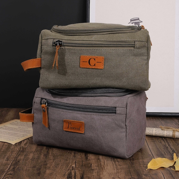 Benutzerdefinierte Herren Kulturtasche, personalisierte Herren Kulturtasche, Leder graviert Dopp Kit, Canvas Reise Kulturtasche, Freund Geburtstagsgeschenke, Geschenk für Männer