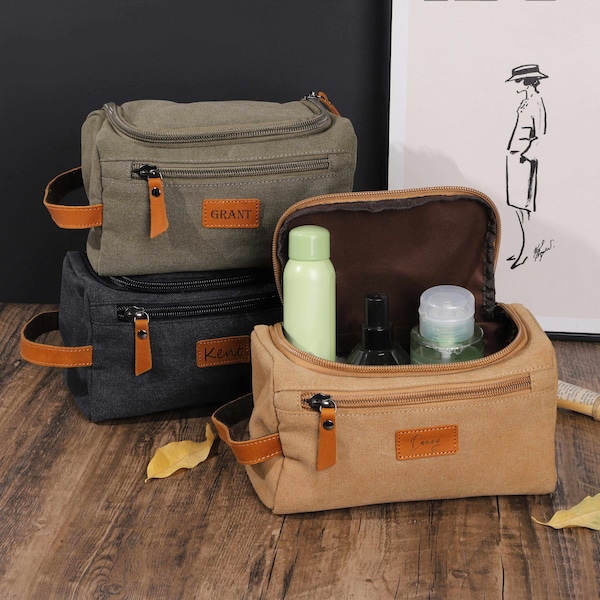 Personalised Toiletry Wash Bag with Initials or Name for Him, Dad, Best Man, Groom, Groomsmen, Fathers Day Gift, Canvas Leather Shower Bag