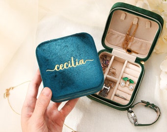 Personalized velvet travel jewelry box, small square earring organizer, bridesmaid gifts box for sister, friend, Birthday gift for grandma