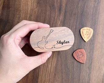Personalized Walnut Guitar Pick Box, Engraved Guitar Picks, Musician Gift