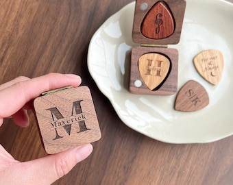 Custom Wooden Guitar Picks with Case, Personalized Guitar Pick Holder, Musicians Plectrum Box, Boyfriend Valentines Day Gift Idea