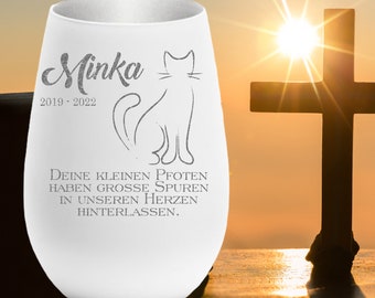 Trauerlicht Katze - Andenken Gravur mit Namen und Datum - Gedenklicht Erinnerungslicht Grablicht Trauergeschenk Teelichthalter Windlicht