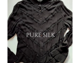 True vintage pure silk black shirt lace blouse top size s m l