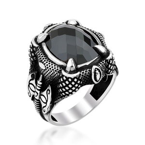 925 Sterling Silber Ring für Männer mit schwarzem Zirkon Stein und Adlerkralle
