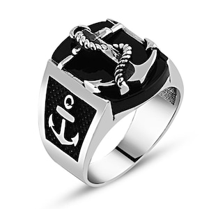 925 Sterling Silber Ring für Männer mit schwarzem Onyx Stein und Anker Design